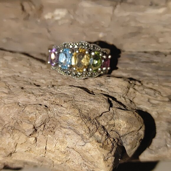 Vintage Marcasite Sterling Silver 925 Ring Prong Multi Colored Gemstones Stamped - Picture 11 of 11